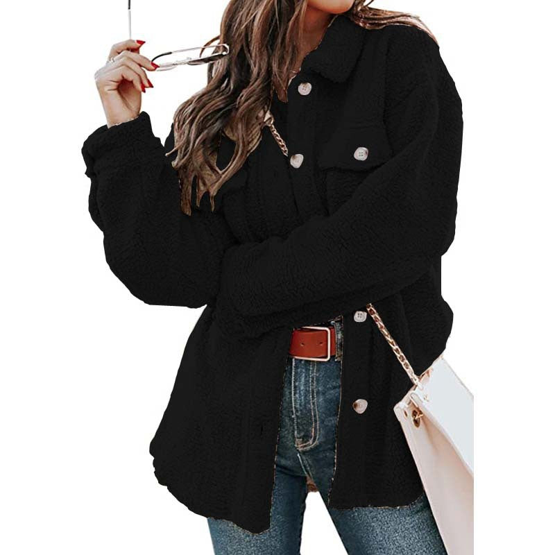Women's Long Winter Coat in Teddy with Polo Collar and Front Pockets