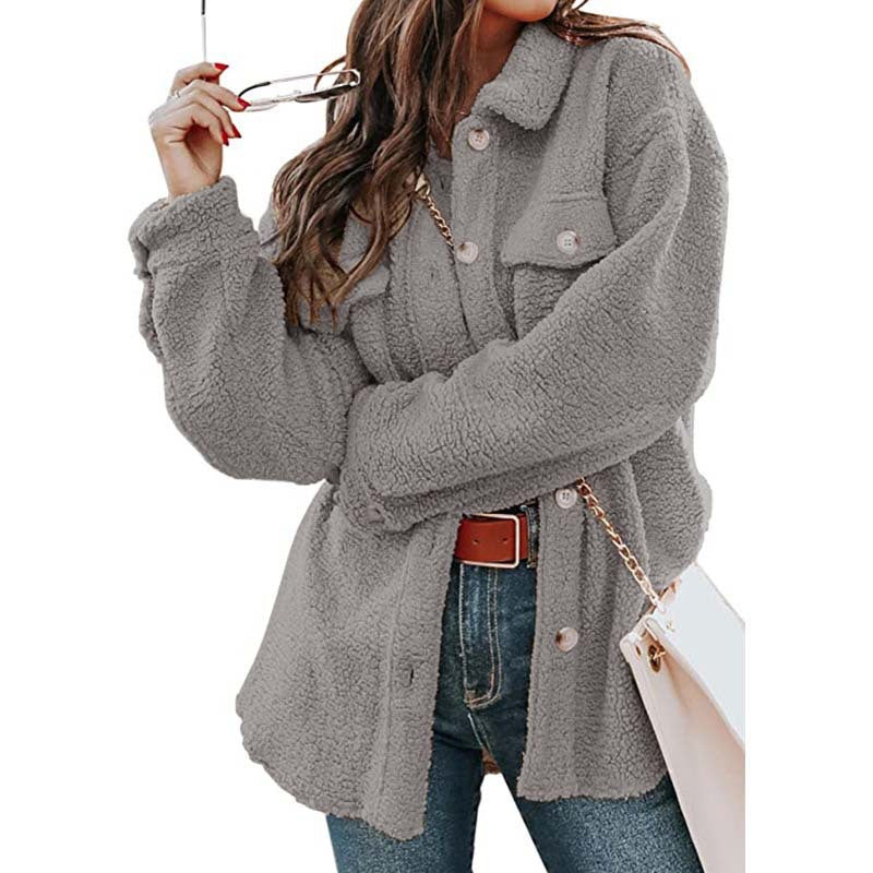 Women's Long Winter Coat in Teddy with Polo Collar and Front Pockets