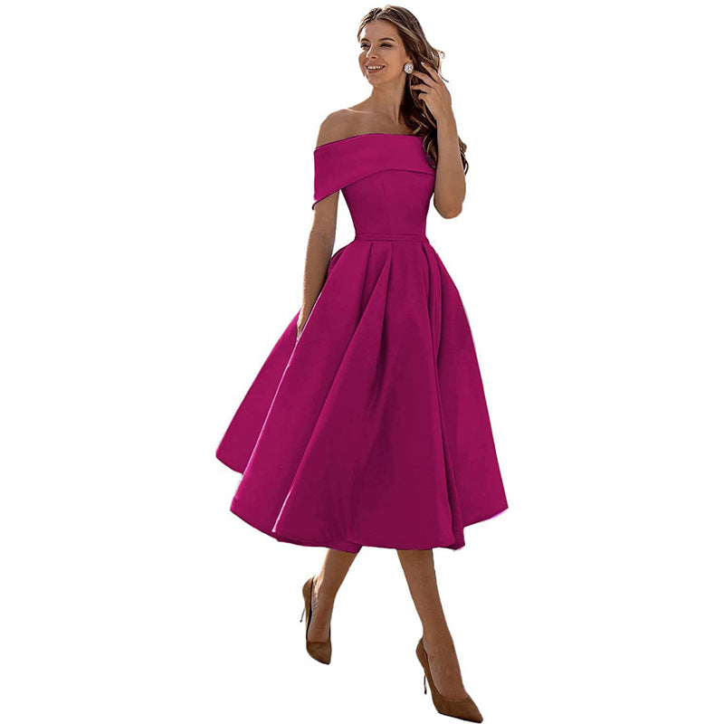 Abito elegante donna, colore fucsia, scollo a barca, lunghezza midi, stile vintage, perfetto per cerimonie e serate speciali.