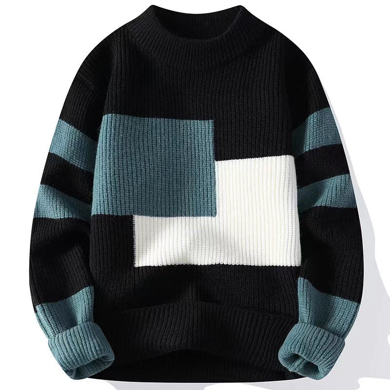 Men's Autumn Sweater in Knit with Block Patchwork and Crew Neck – Knit Style