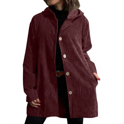 Women's Autumn Corduroy Jacket with Hood and Pockets – Solid Color