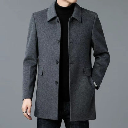 Men's Mid-Length Coat with Notched Collar, Double-Face Design, and Straight Hem