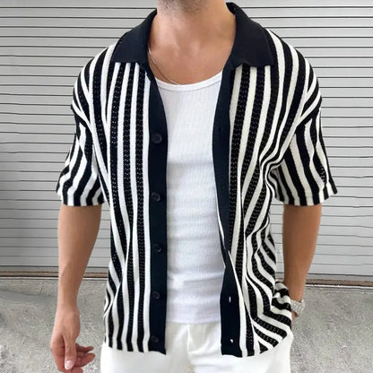 Men’s Striped Knit Shirt with Buttons and Short Sleeves