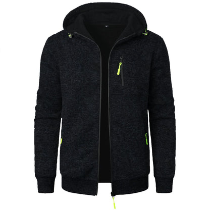 Felpa con cappuccio nera da uomo, zip frontale, tasche con cerniera verde fluorescente, design casual, ideale per abbigliamento sportivo e tempo libero.