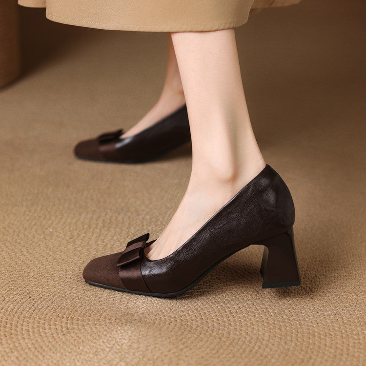 Women's Low Block Heel Pumps with Front Bow and Padded Insole – Elegant Shoes