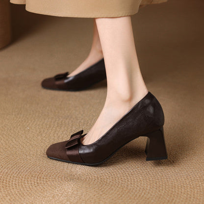 Women's Low Block Heel Pumps with Front Bow and Padded Insole – Elegant Shoes