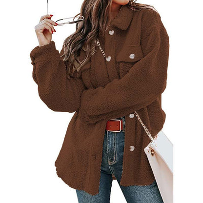 Women's Long Winter Coat in Teddy with Polo Collar and Front Pockets