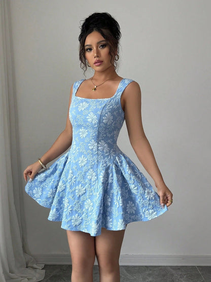 Women's Mini Dress with Floral Print and Flared Design – Casual Summer Dress