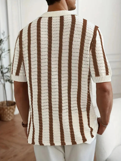 Men’s striped knit polo shirt with buttons and short sleeves