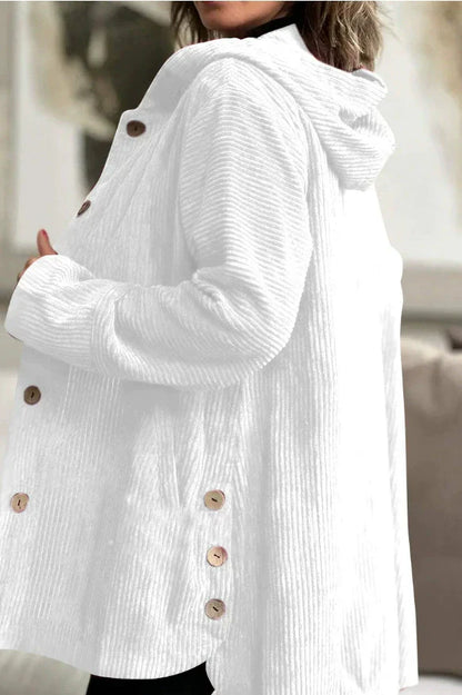 Women's Autumn Corduroy Jacket with Hood and Pockets – Solid Color