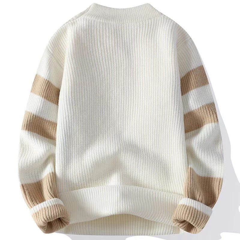 Men's Autumn Sweater in Knit with Block Patchwork and Crew Neck – Knit Style