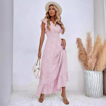 Women's Summer Midi Dress with Polka Dots, V-Neck, Ruffled Sleeves, and Tiered Skirt – Elegant and Versatile