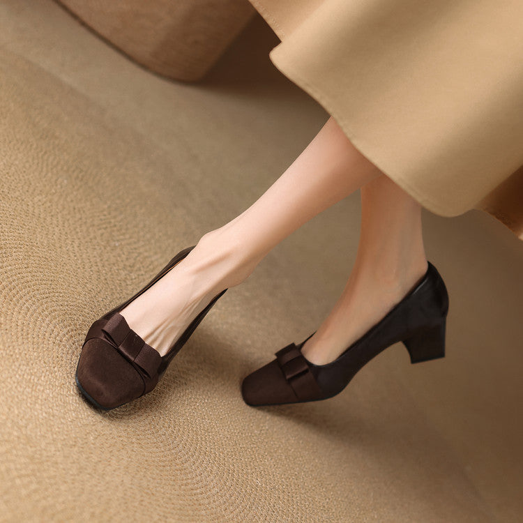 Women's Low Block Heel Pumps with Front Bow and Padded Insole – Elegant Shoes