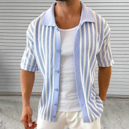 Men’s Striped Knit Shirt with Buttons and Short Sleeves
