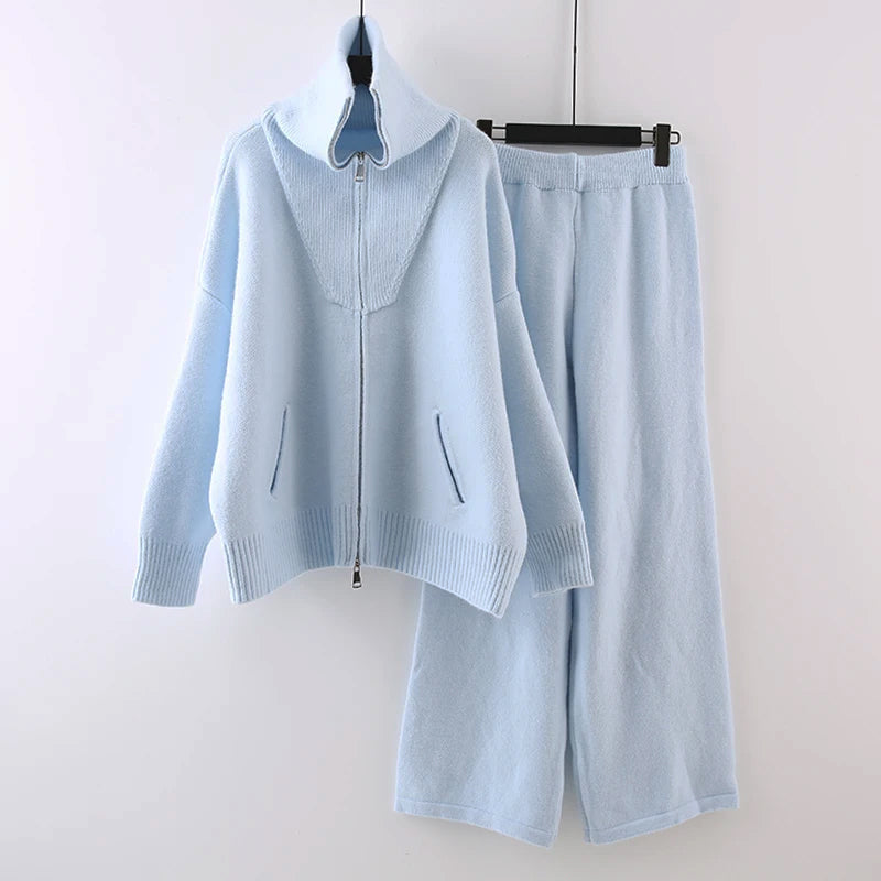 Conjunto completo de camiseta para mujer con suéter de cuello alto y pantalones de cintura elástica