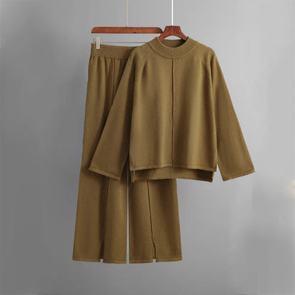 Women's Loungewear Set with Crew Neck Sweater and Wide-Leg Pants