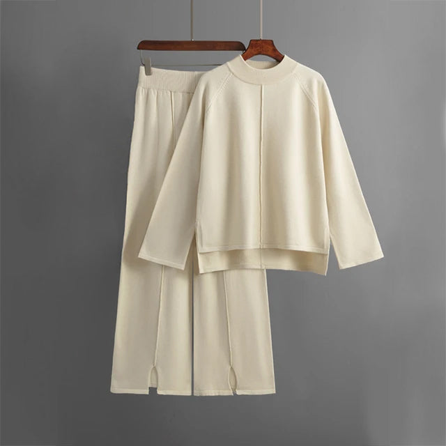 Women's Loungewear Set with Crew Neck Sweater and Wide-Leg Pants