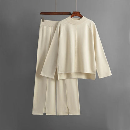 Women's Loungewear Set with Crew Neck Sweater and Wide-Leg Pants