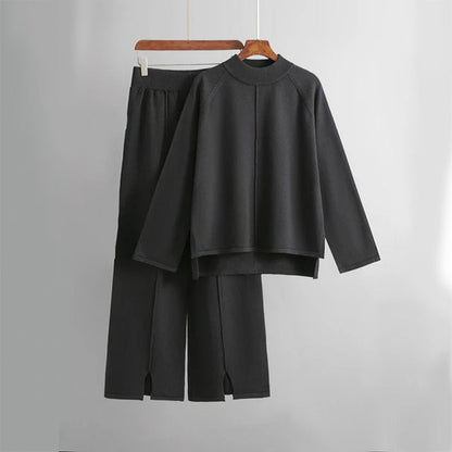 Women's Loungewear Set with Crew Neck Sweater and Wide-Leg Pants
