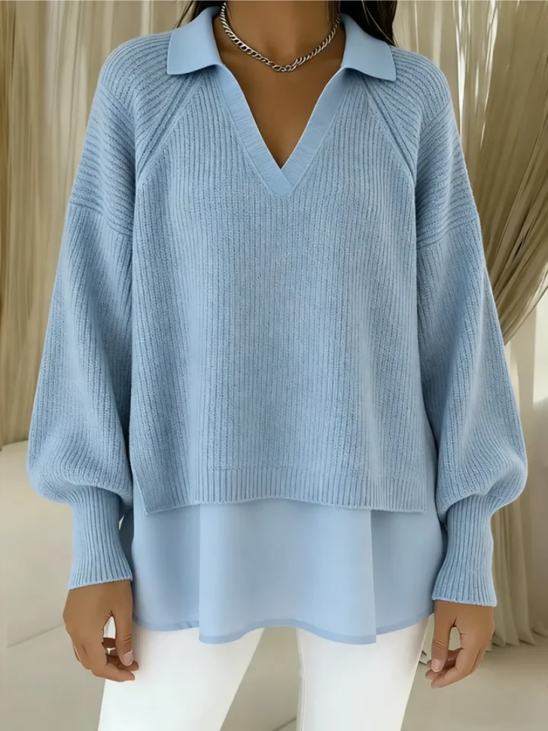 Maglione Donna a Strati con Scollo a V e Colletto – Look Elegante
