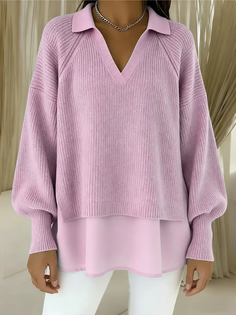 Maglione Donna a Strati con Scollo a V e Colletto – Look Elegante