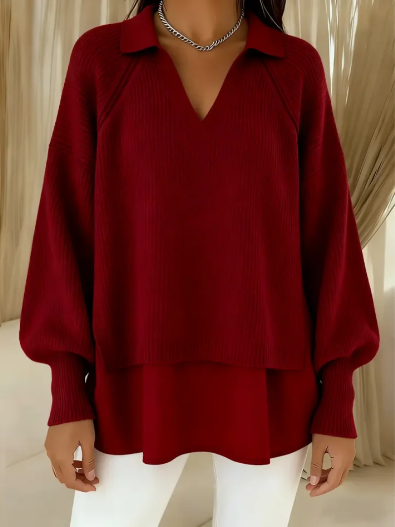 Maglione Donna a Strati con Scollo a V e Colletto – Look Elegante