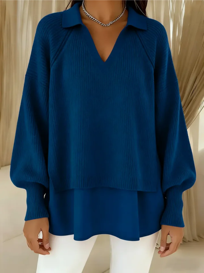 Maglione Donna a Strati con Scollo a V e Colletto – Look Elegante