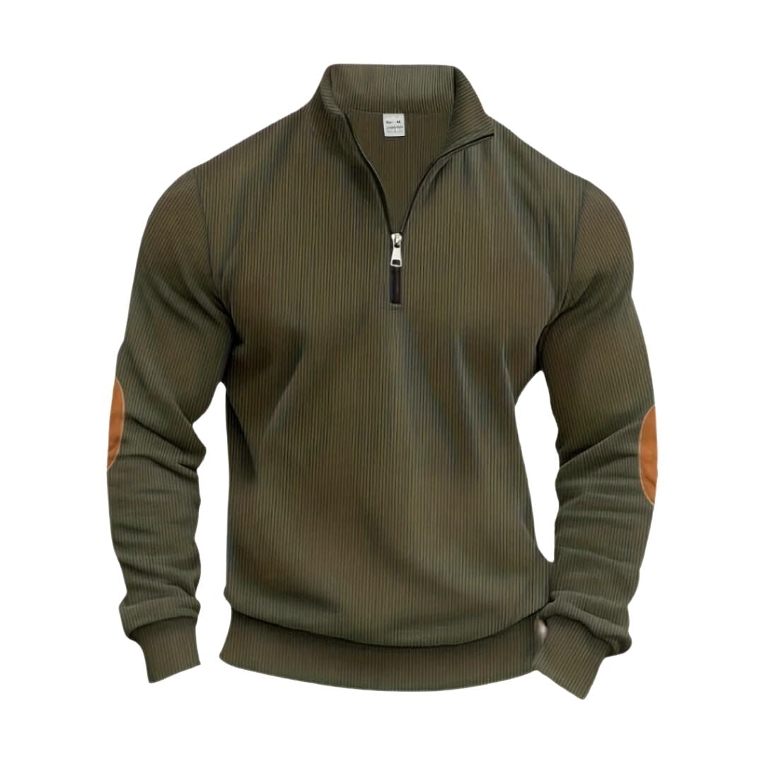 Maglione verde oliva da uomo con zip corta e toppe sui gomiti, design a coste, ideale per moda autunnale e invernale. Abbigliamento casual elegante.