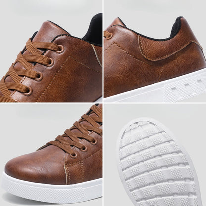 Scarpe da ginnastica marroni in pelle sintetica, suola bianca antiscivolo, dettagli cuciture, design casual, moda uomo, calzature comode.