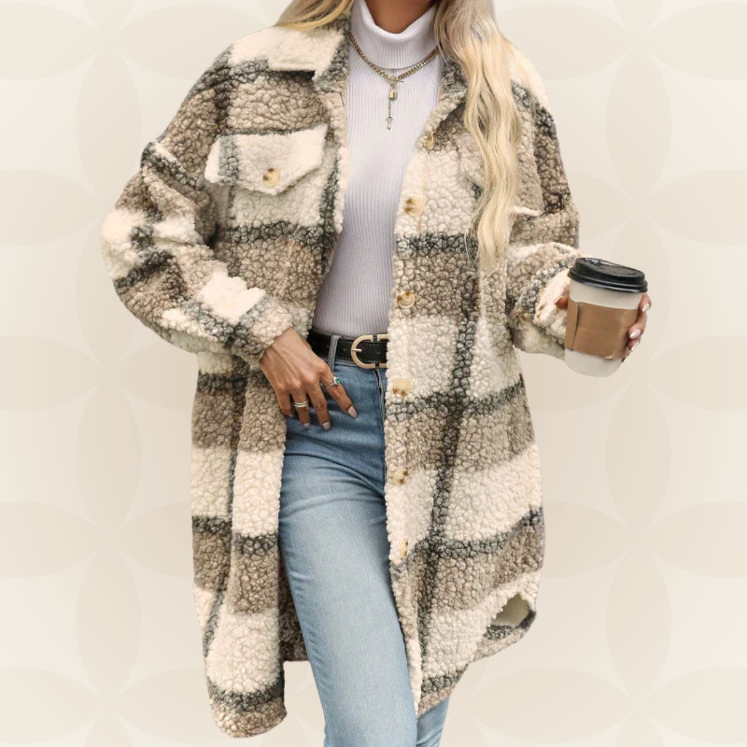 Women's Long Autumn Plaid Coat with Buttons – Teddy Effect