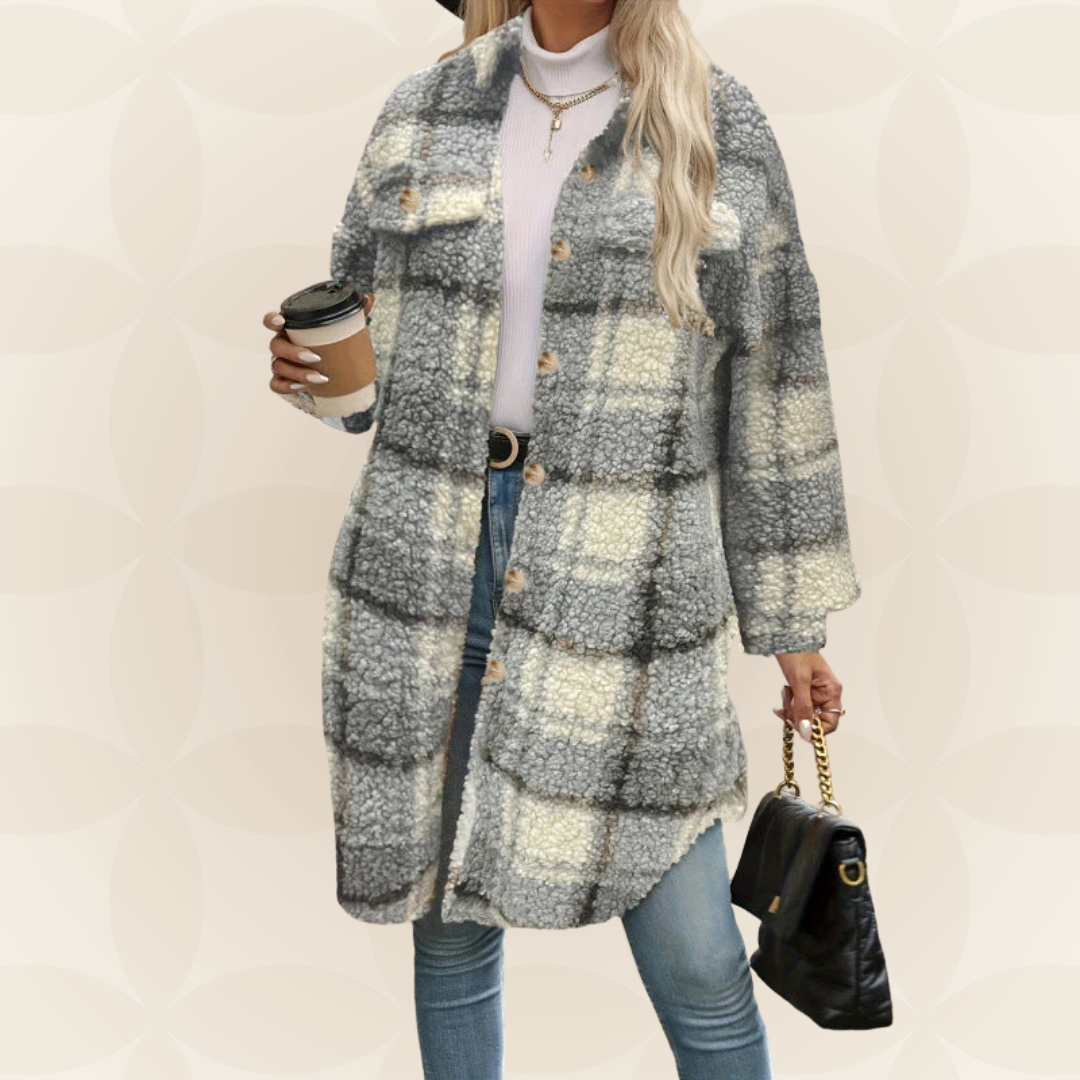 Women's Long Autumn Plaid Coat with Buttons – Teddy Effect