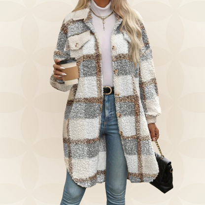 Women's Long Autumn Plaid Coat with Buttons – Teddy Effect
