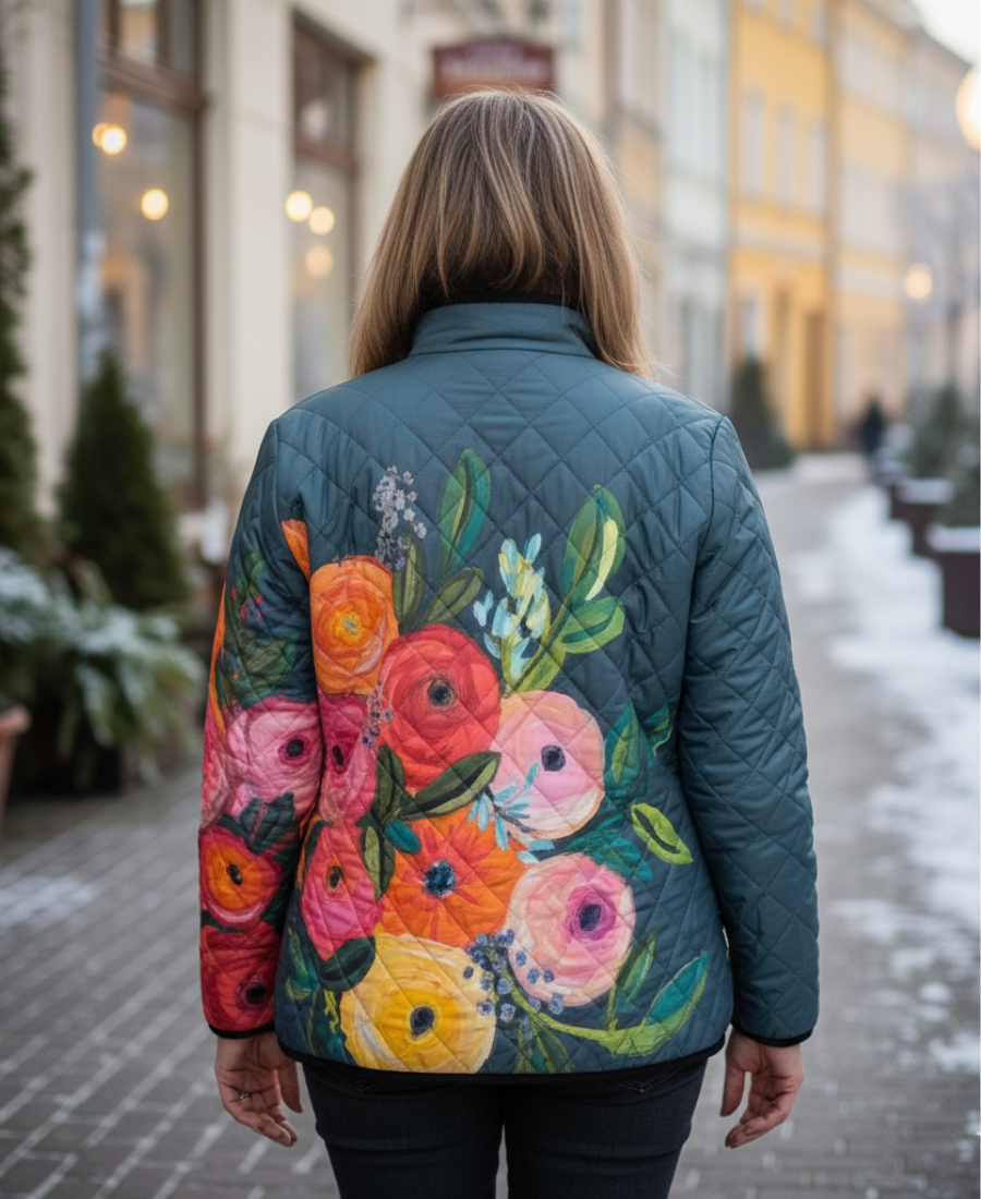 Women's Quilted Winter Jacket with Vintage Floral Pattern