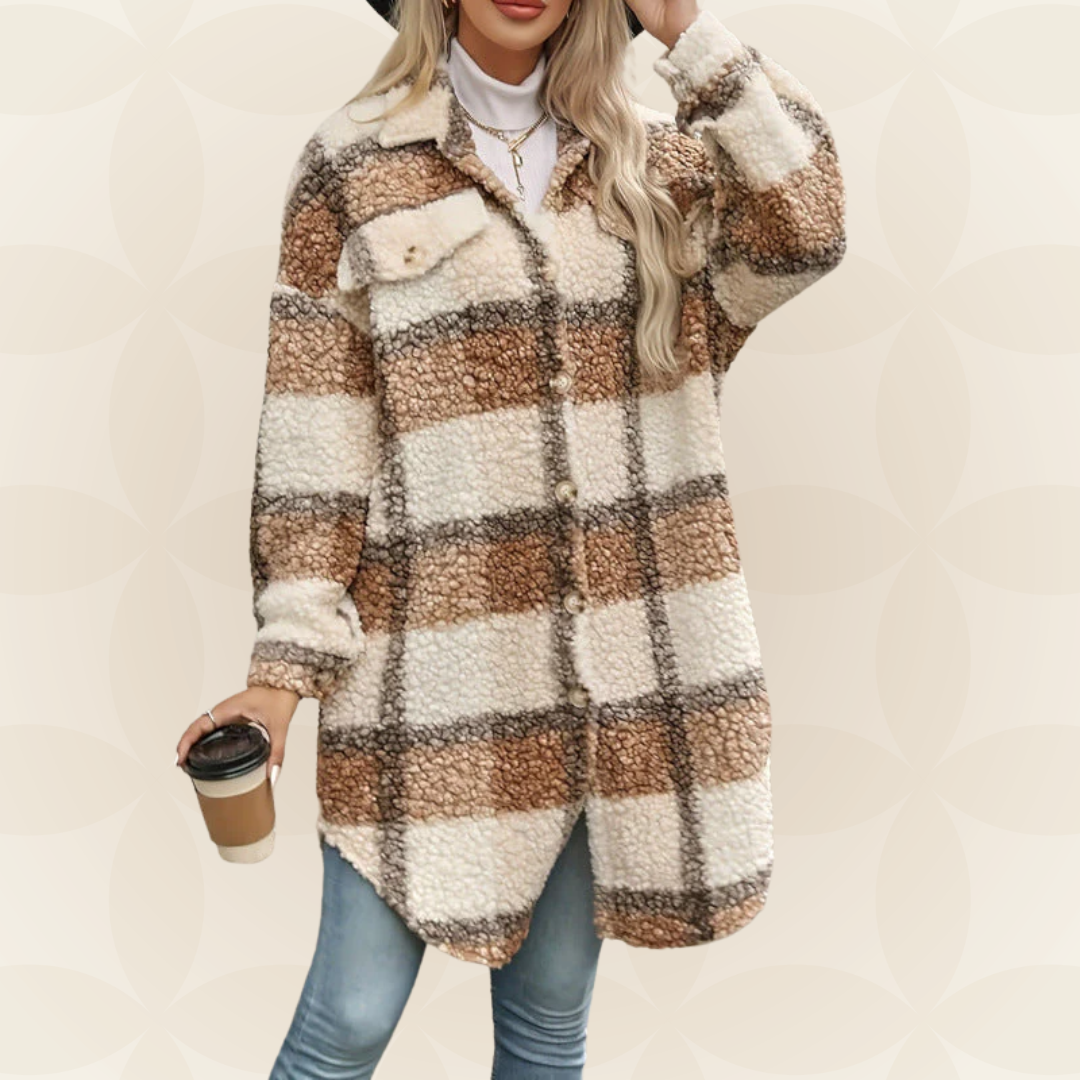 Women's Long Autumn Plaid Coat with Buttons – Teddy Effect