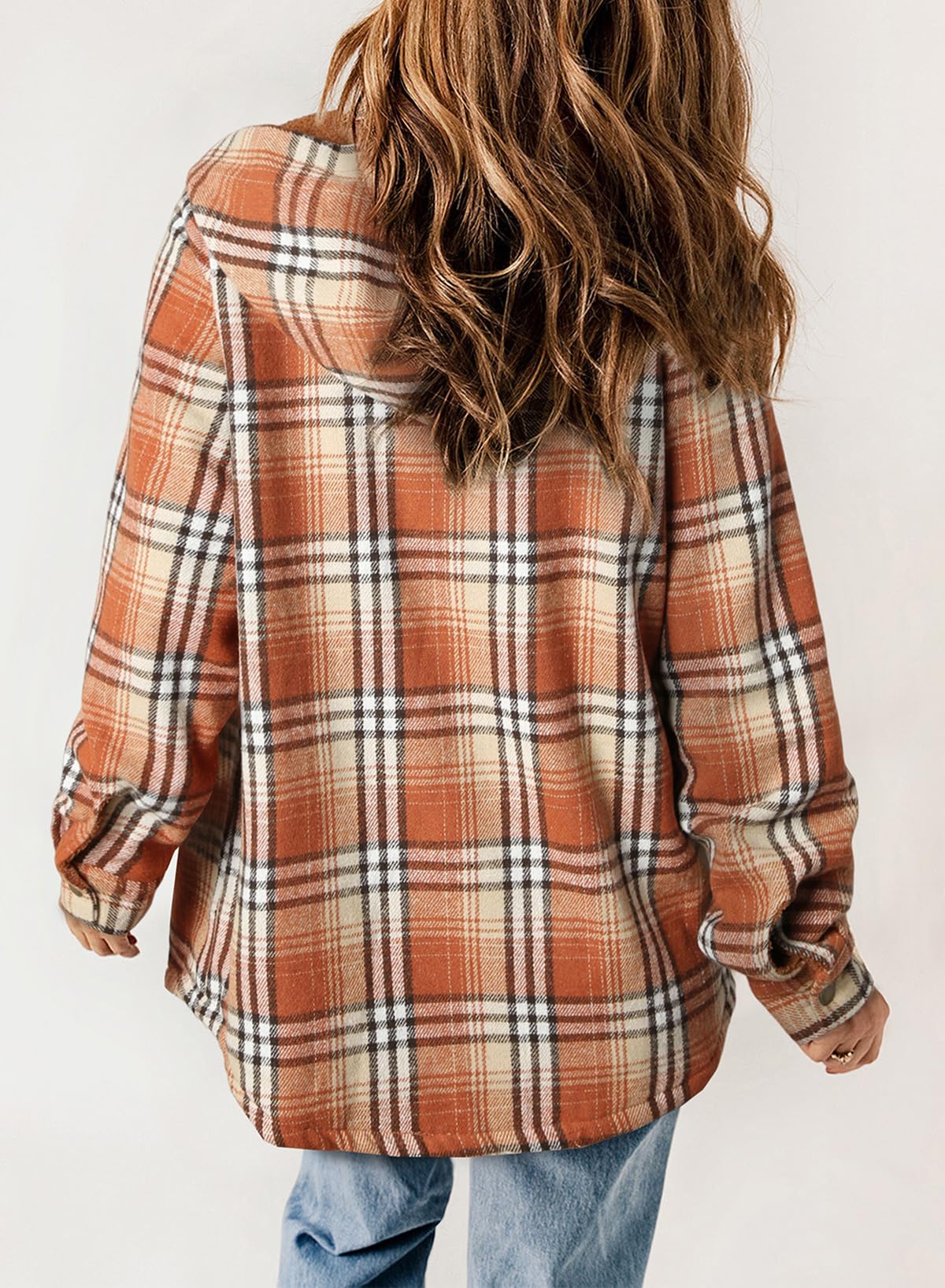 Women's Autumn Plaid Jacket with Hood and Fleece Lining – Long Sleeves with Pockets