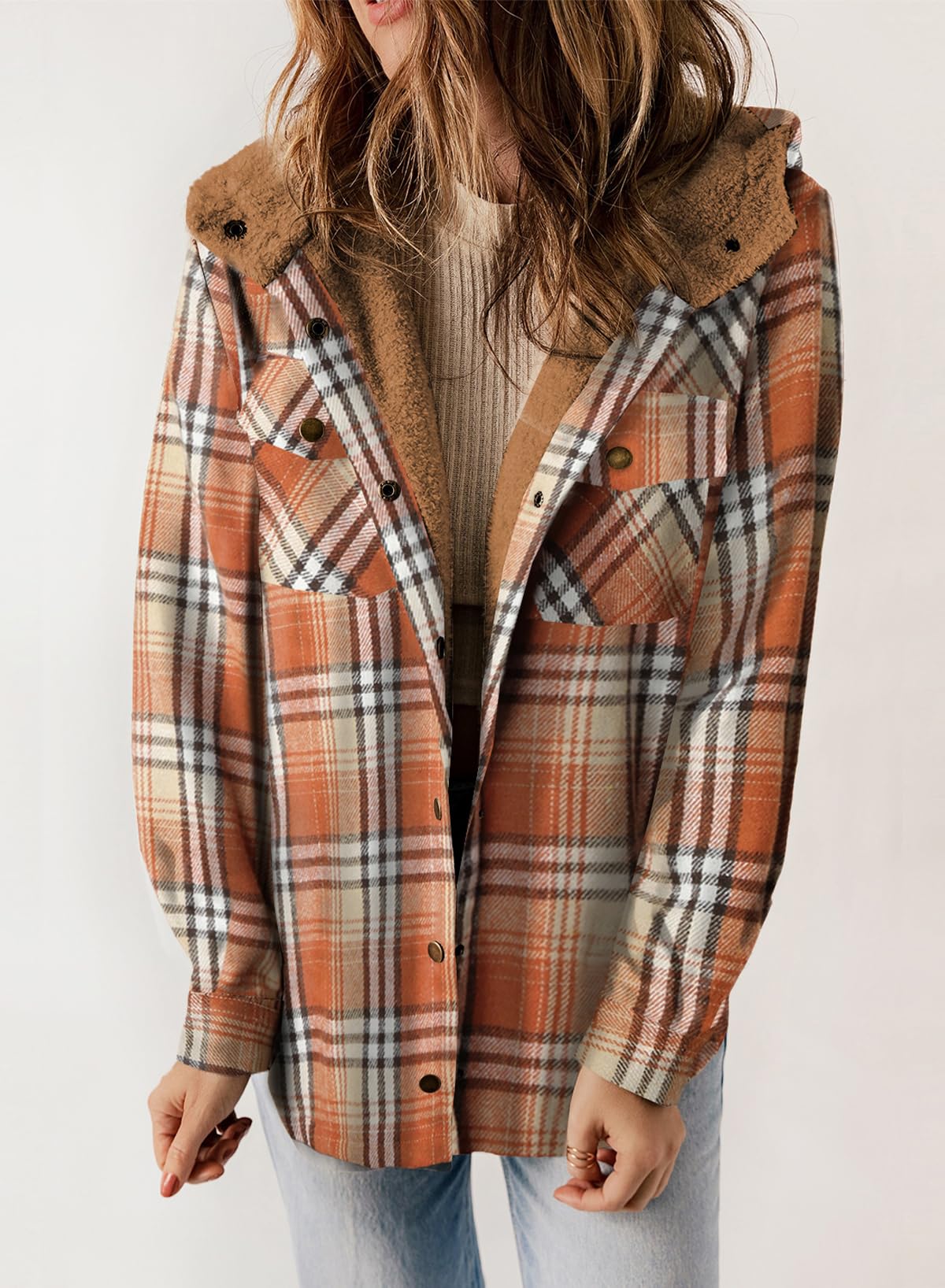 Women's Autumn Plaid Jacket with Hood and Fleece Lining – Long Sleeves with Pockets