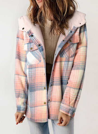 Women's Autumn Plaid Jacket with Hood and Fleece Lining – Long Sleeves with Pockets