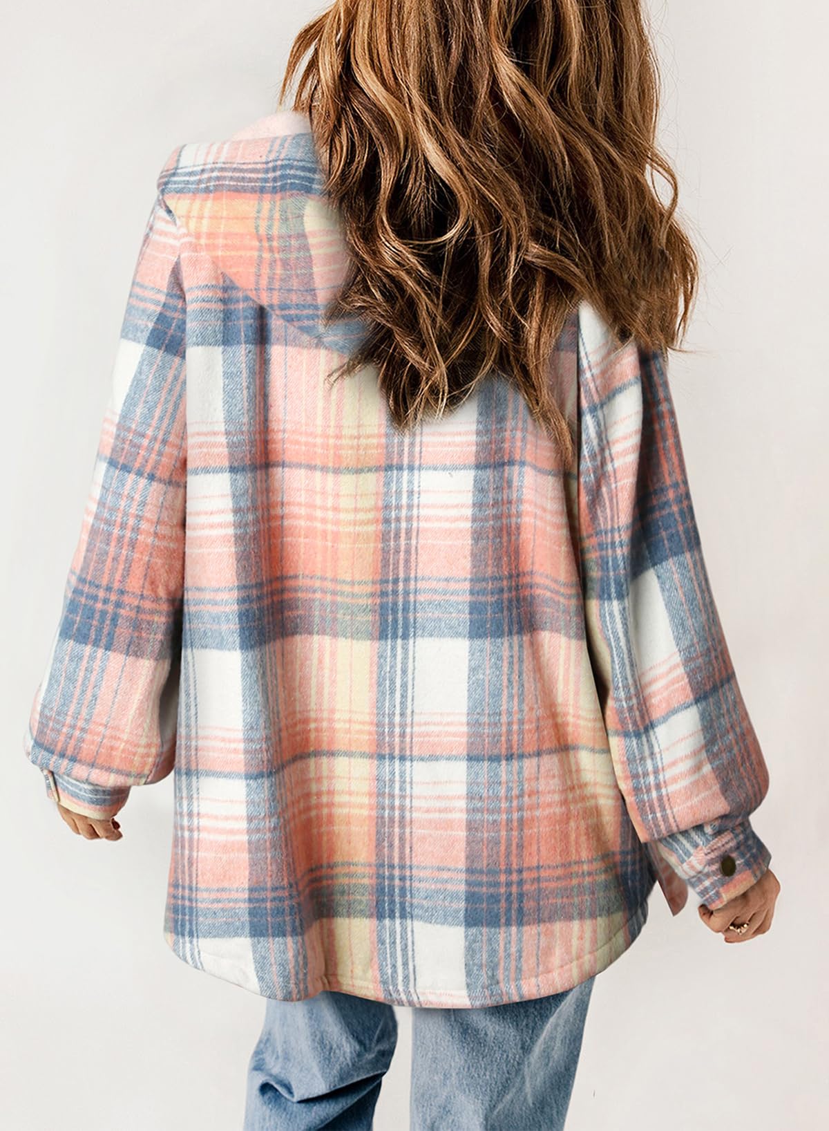Women's Autumn Plaid Jacket with Hood and Fleece Lining – Long Sleeves with Pockets
