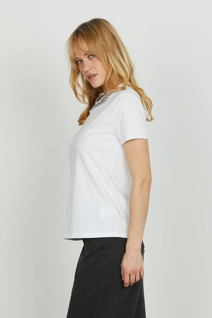 T-shirt Donna Autunnale Maniche Corte con Scollo Strass