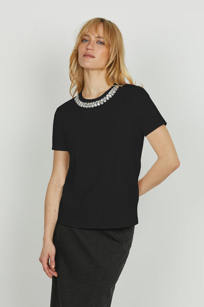 T-shirt Donna Autunnale Maniche Corte con Scollo Strass