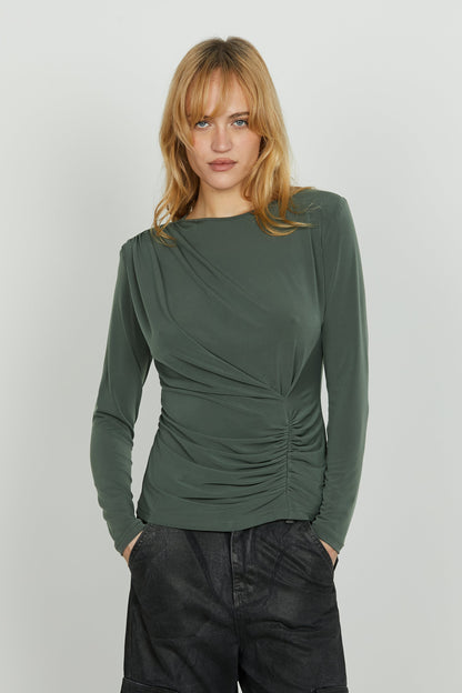 Women's Long Sleeve Blouse with Pleated Detail and Longer Back – Casual Autumn Style