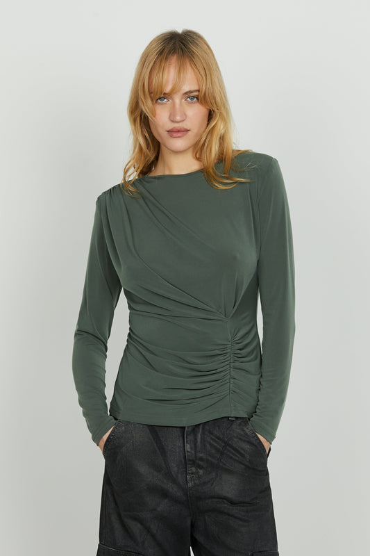 Women's Long Sleeve Blouse with Pleated Detail and Longer Back – Casual Autumn Style