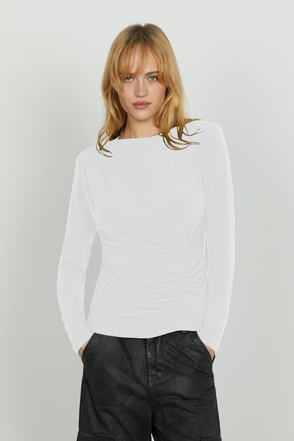 Women's Long Sleeve Blouse with Pleated Detail and Longer Back – Casual Autumn Style