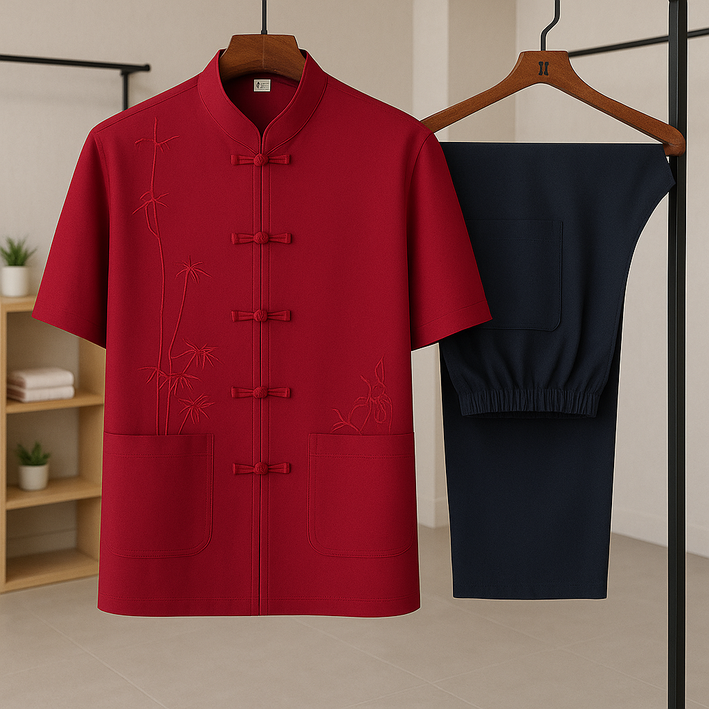 Men's Traditional Summer Set with Bamboo Embroidery and Knotted Closure