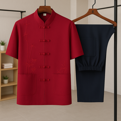 Men's Traditional Summer Set with Bamboo Embroidery and Knotted Closure