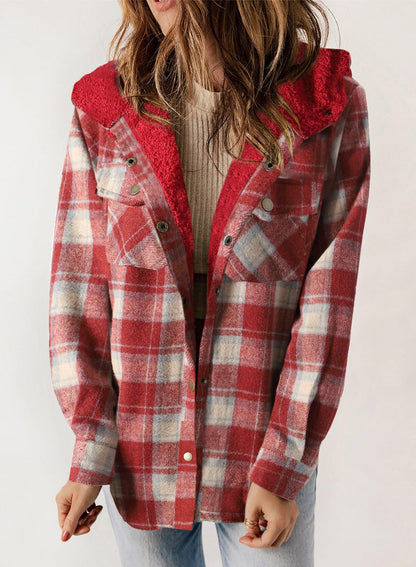 Women's Autumn Plaid Jacket with Hood and Fleece Lining – Long Sleeves with Pockets
