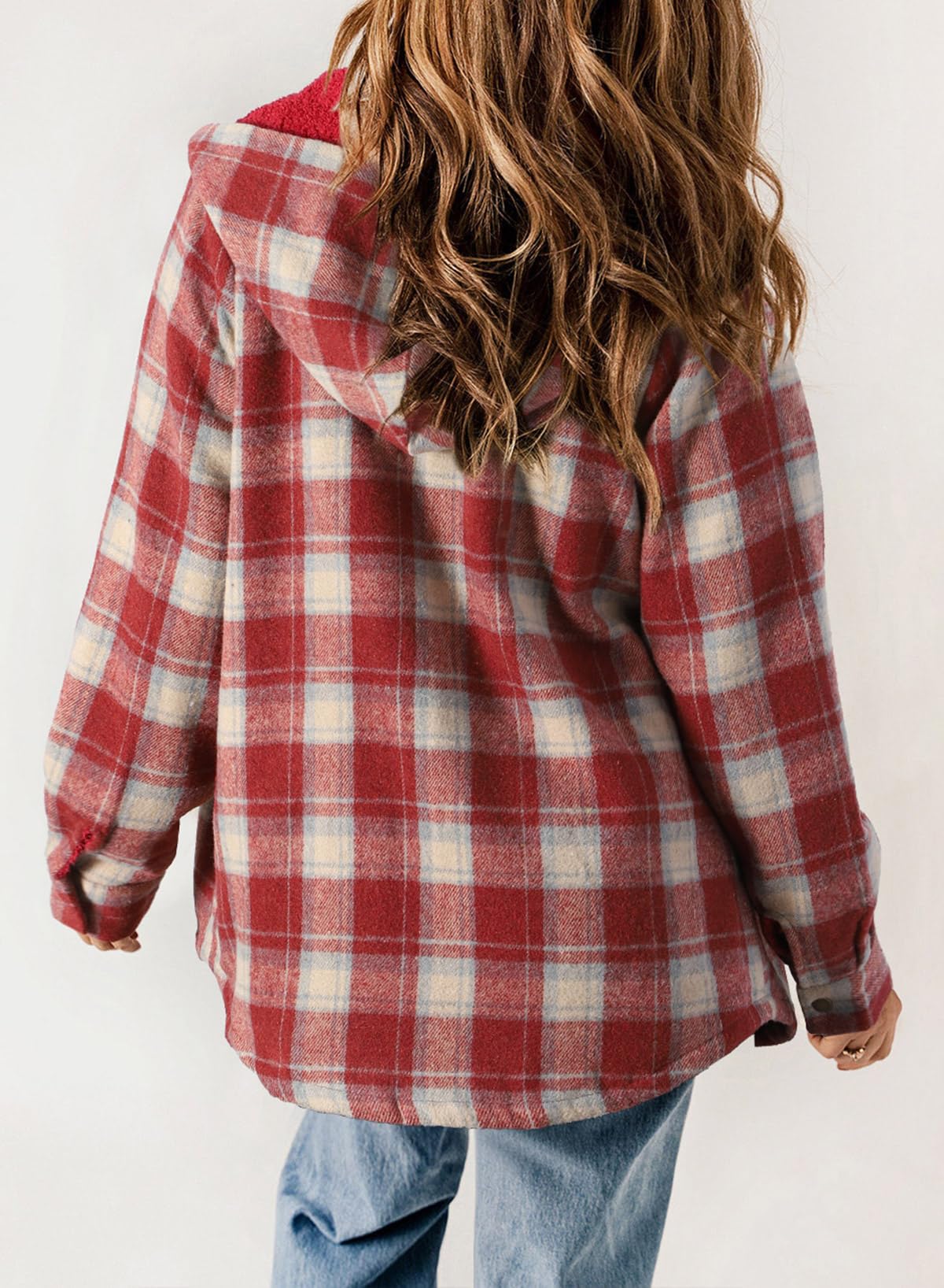 Women's Autumn Plaid Jacket with Hood and Fleece Lining – Long Sleeves with Pockets