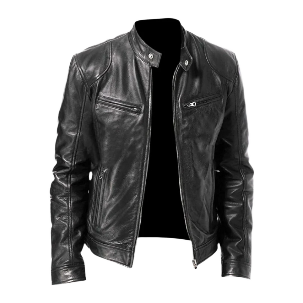 Giacca in pelle nera da uomo, stile motociclista, con cerniere e colletto alla coreana. Elegante e moderna, perfetta per look casual e urbani.