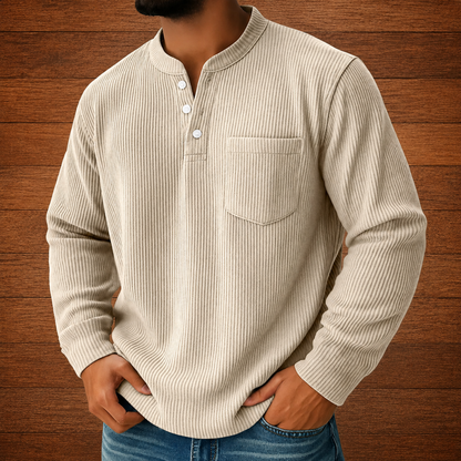 Camisa henley de hombre acanalada con cuello abotonado, bolsillo en el pecho y mangas largas.