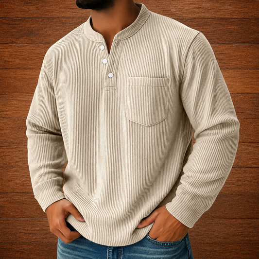Camicia Henley Da Uomo A Coste Con Scollo Abbottonato, Taschino Sul Petto E Maniche Lunghe.